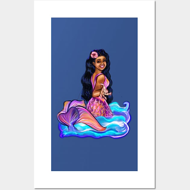 Mermaid Pacific princess  with rainbow coloured colored fins, hibiscus, outstretched  arm, brown eyes, Curly hair  and caramel brown skin - light background Wall Art by Artonmytee